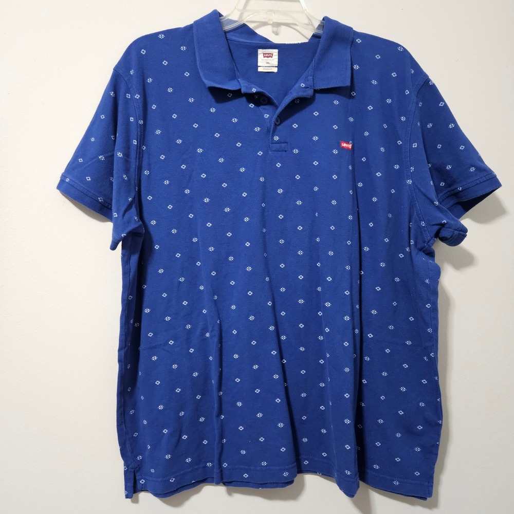 Levis Mens 3XL Blue Geometric Floral Print Cotton Pique Short Sleeve Polo Shirt‎